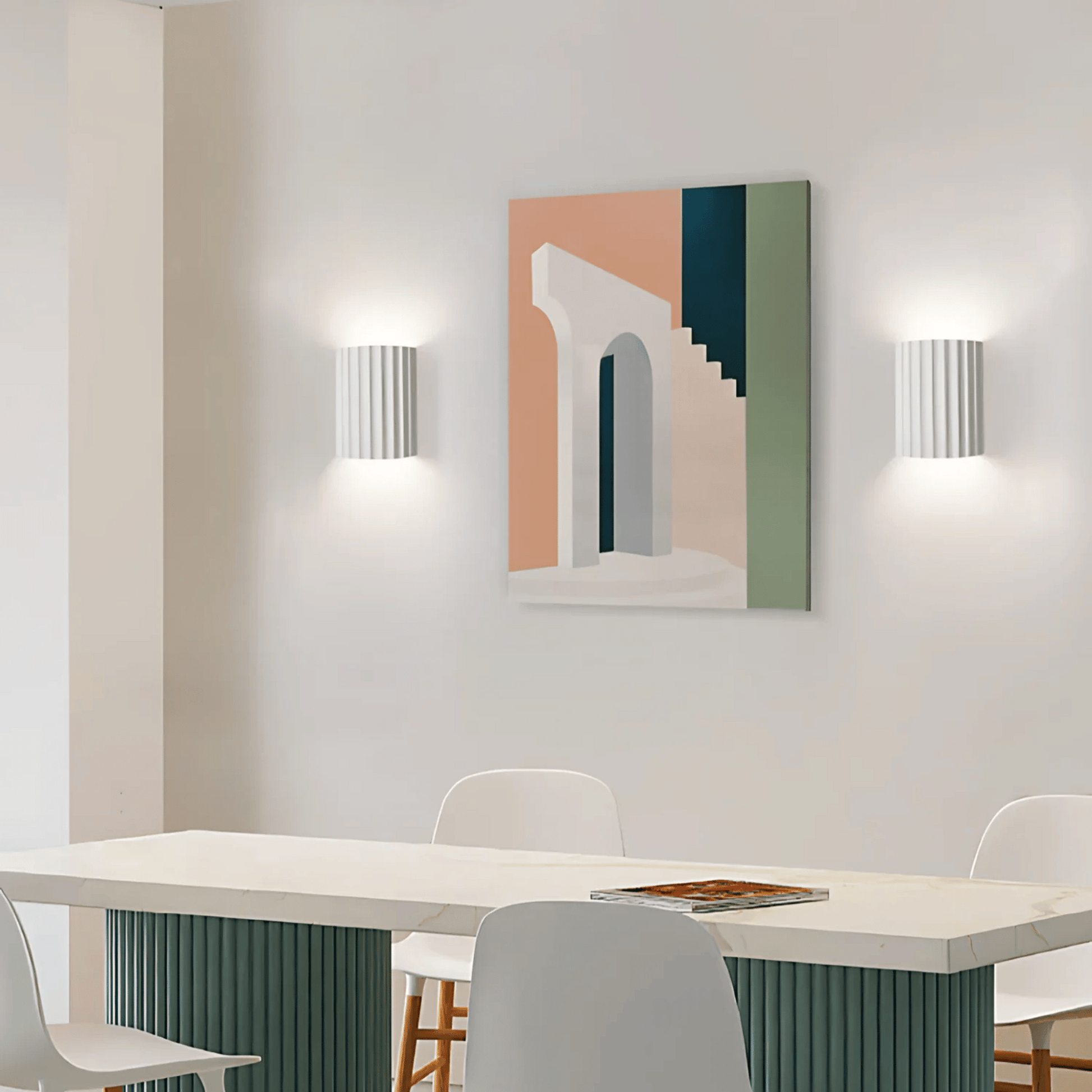 Modern interior with a table, chairs, and abstract wall art.