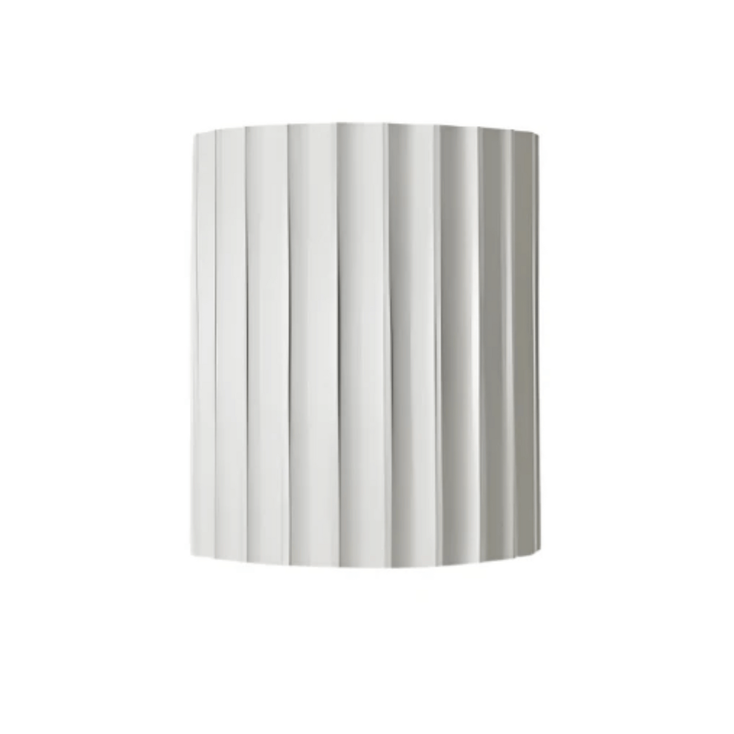 Silver cylindrical object with vertical stripes on a white background