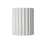Silver cylindrical object with vertical stripes on a white background