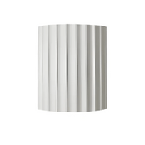 Silver cylindrical object with vertical stripes on a white background