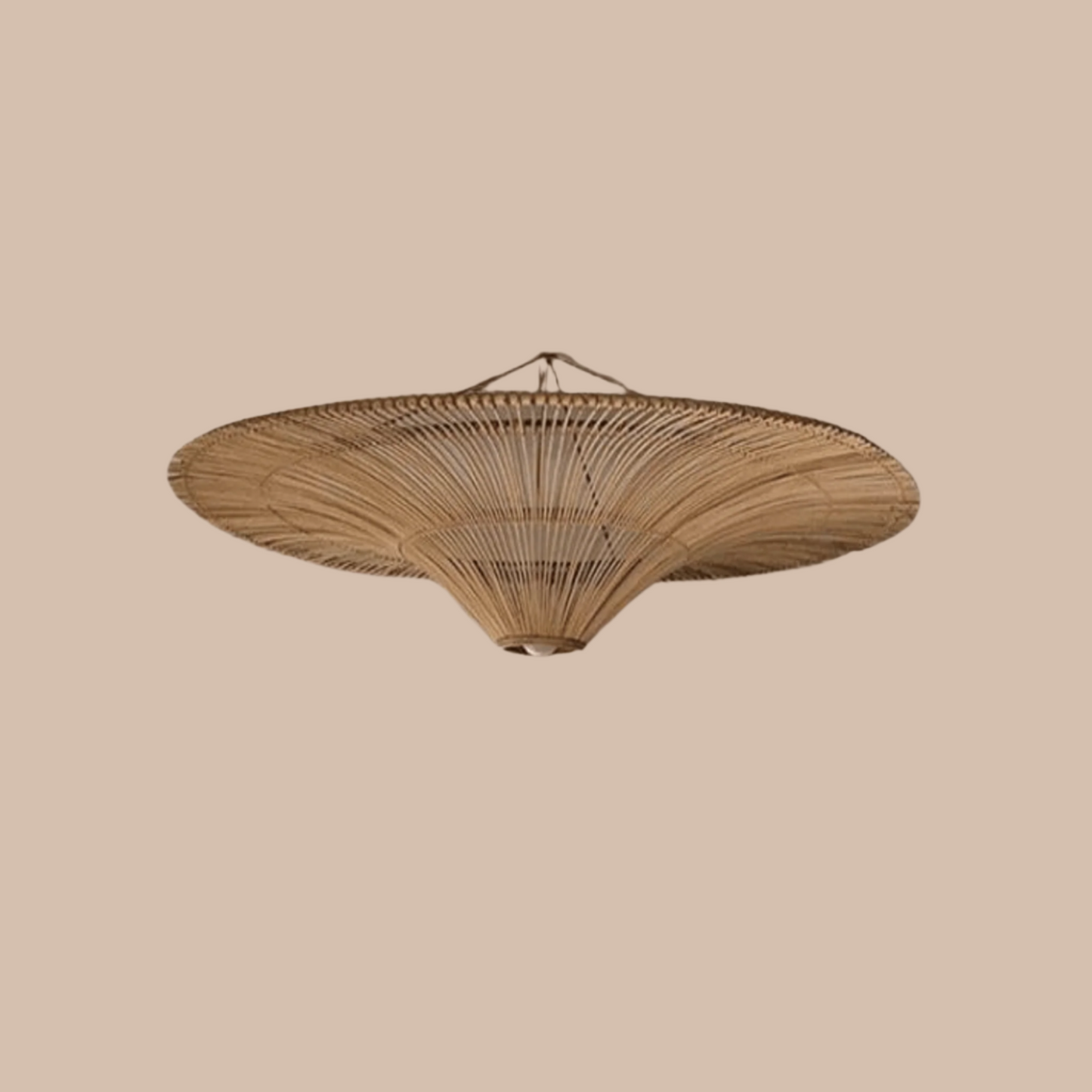 Woven ceiling light fixture with dimensions on a beige background

