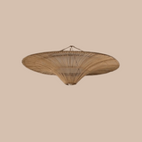Woven ceiling light fixture with dimensions on a beige background

