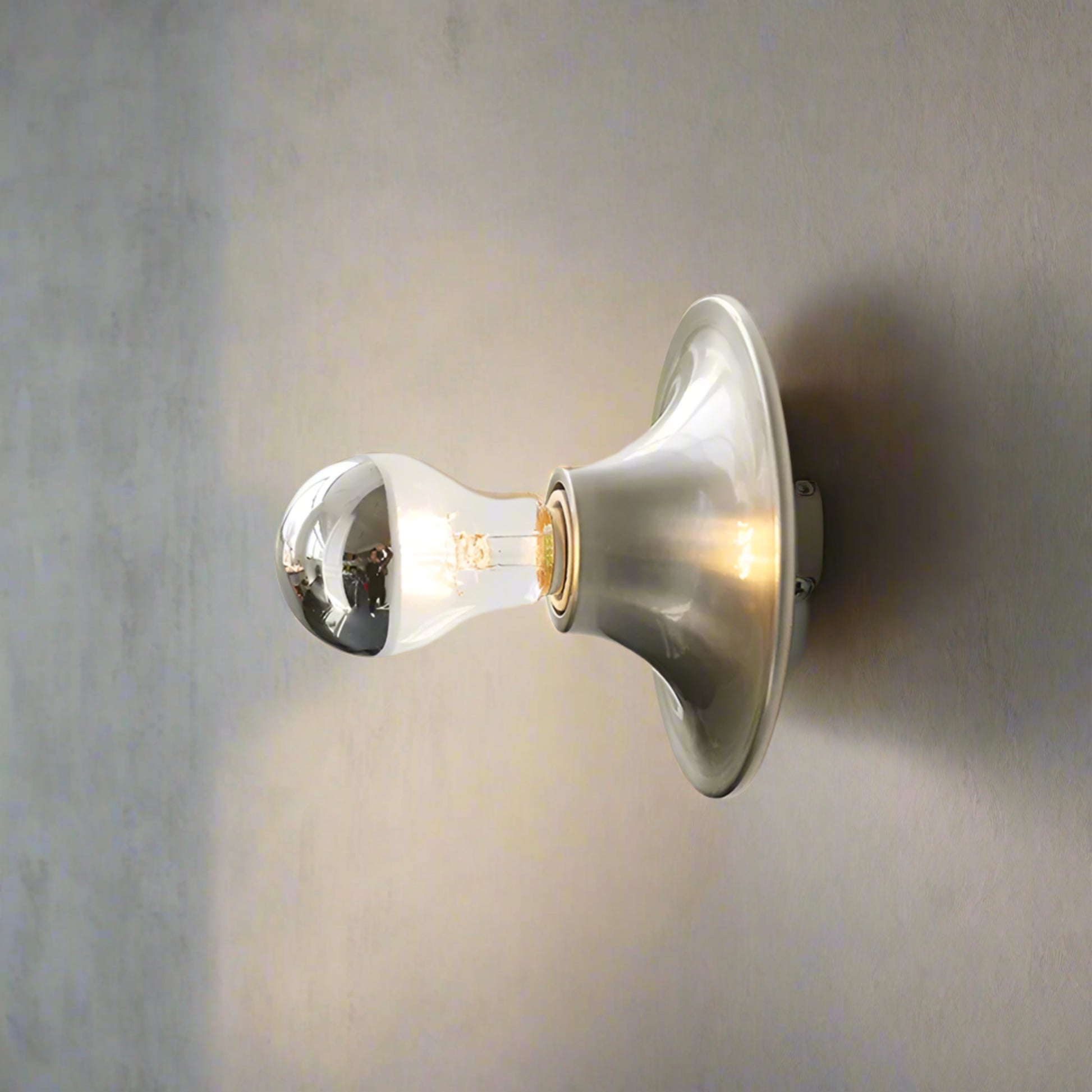Chrome wall-mounted light fixture on a white wall with a plant in the corner.