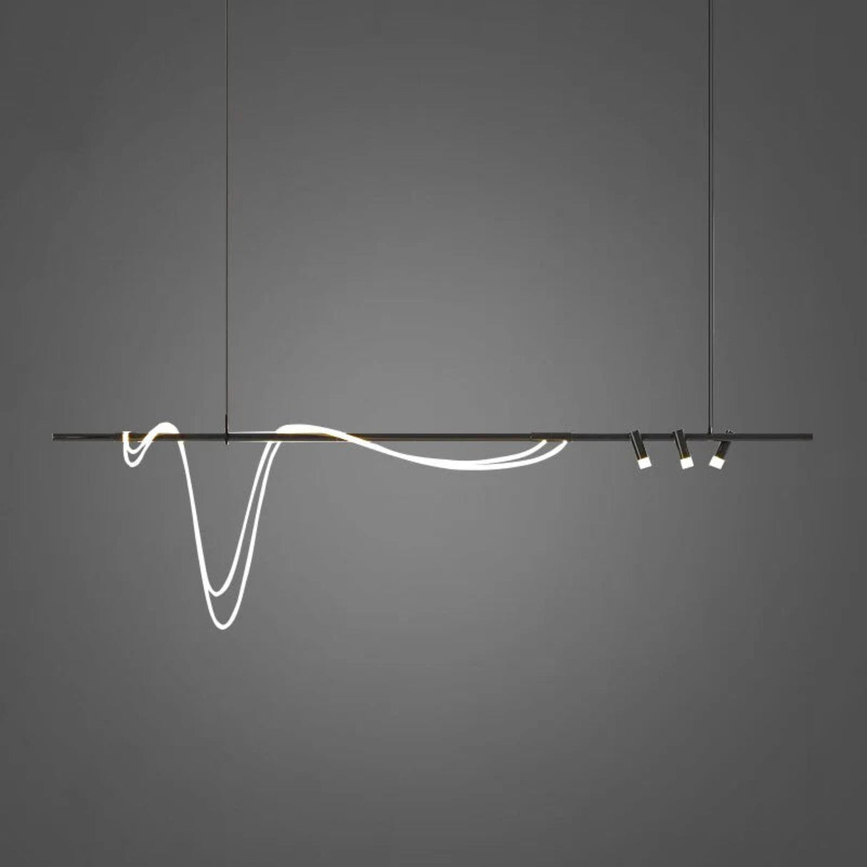 Modern pendant light with white cable and three small lights on a gray background