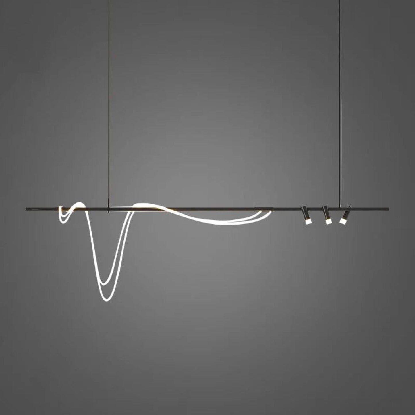 Modern pendant light with white cable and three small lights on a gray background