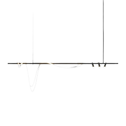 Modern pendant light with white cable and black fixture on a gray background