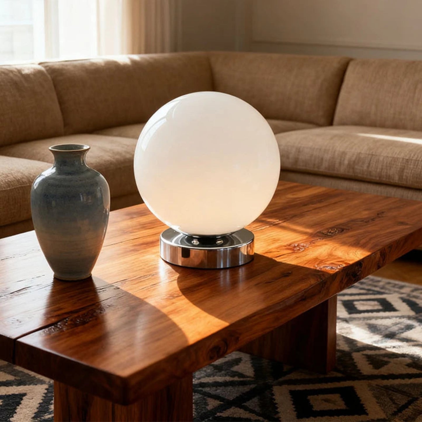 White spherical lamp and gray vase on a wooden coffee table with a beige sofa in the background.