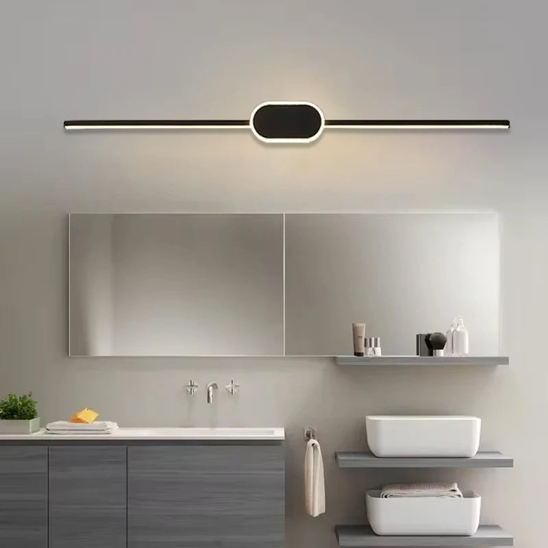 Modern bathroom with a sleek light fixture above a mirror