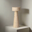 Beige table lamp with dimensions and specifications on a gray background