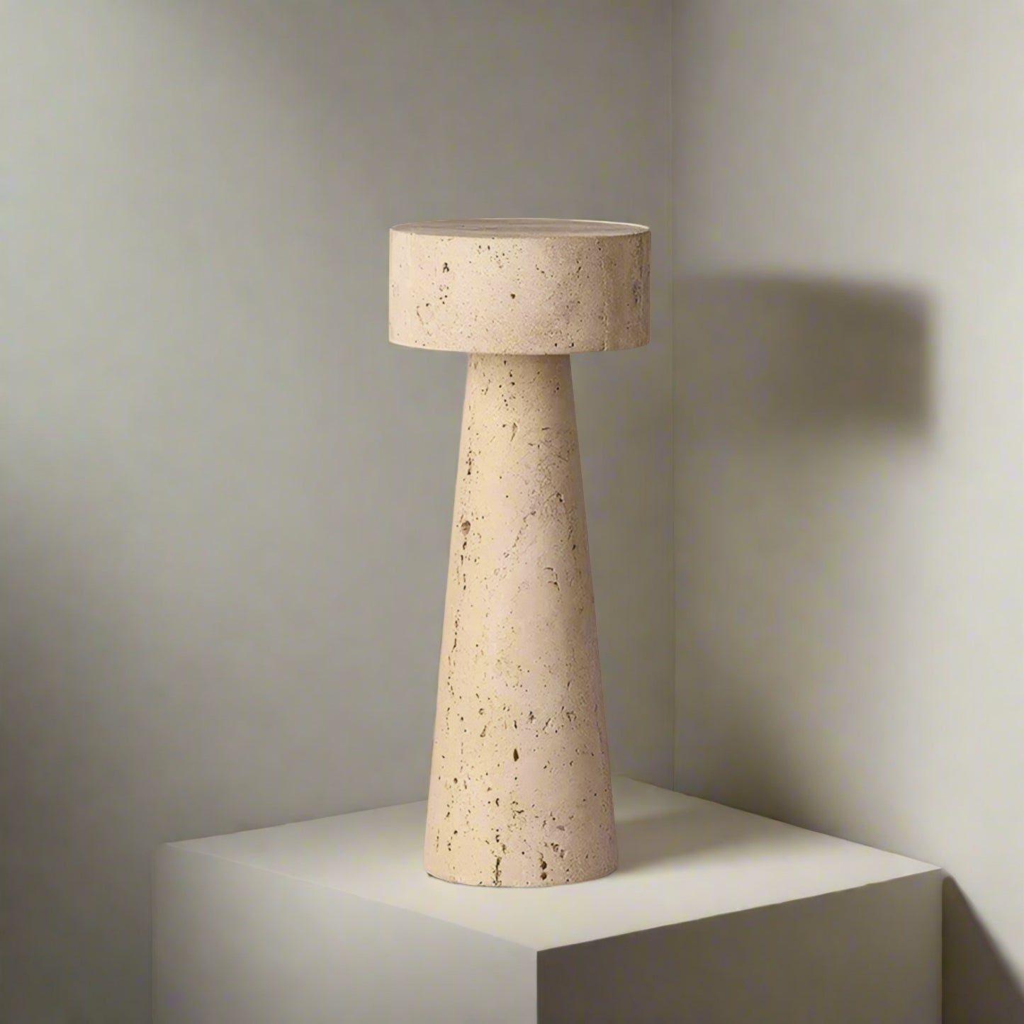 Beige table lamp with dimensions and specifications on a gray background