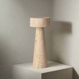 Beige table lamp with dimensions and specifications on a gray background