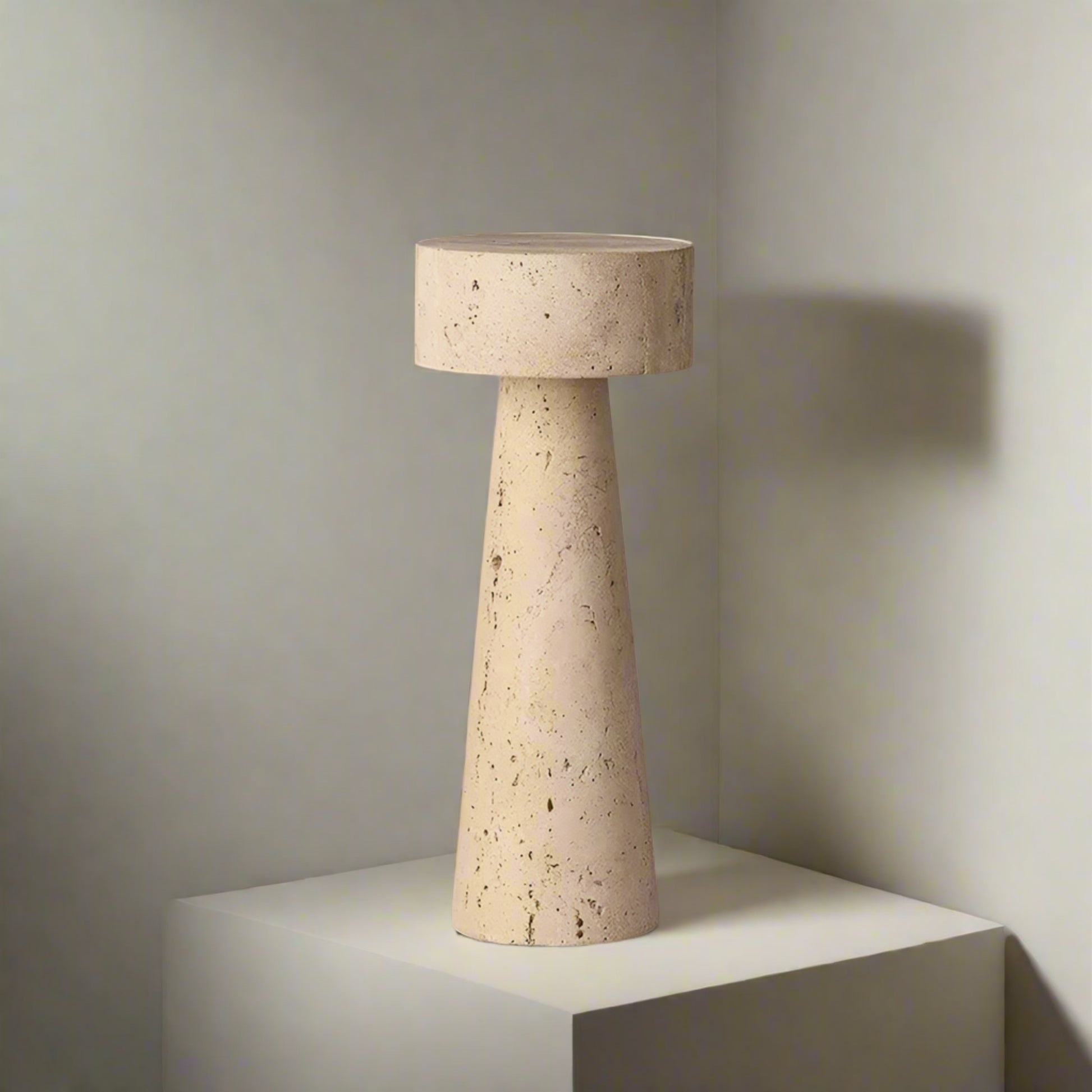 Beige table lamp with dimensions and specifications on a gray background