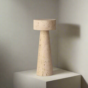 Beige table lamp with dimensions and specifications on a gray background