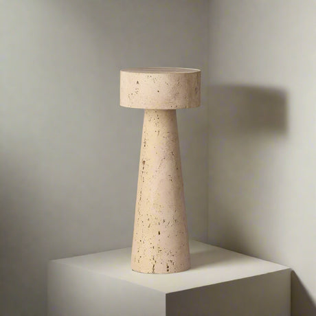 Beige table lamp with dimensions and specifications on a gray background