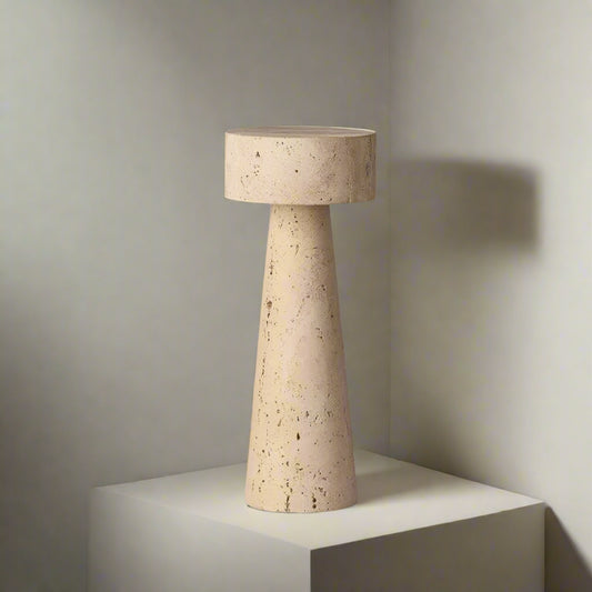 Beige table lamp with dimensions and specifications on a gray background