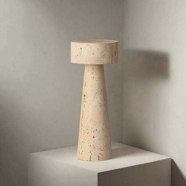 Beige table lamp with dimensions and specifications on a gray background