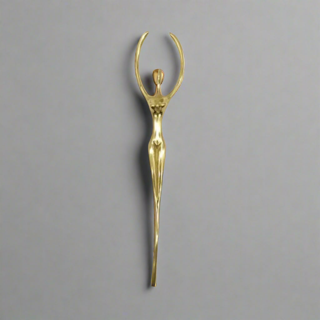 Gold decorative pull handle with measurements on a white background