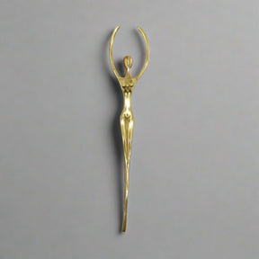 Gold decorative pull handle with measurements on a white background