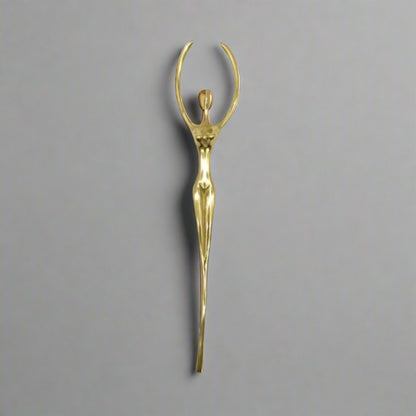 Gold decorative pull handle with measurements on a white background