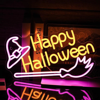Neon sign with 'Happy Halloween' text and witch hat design on a dark background