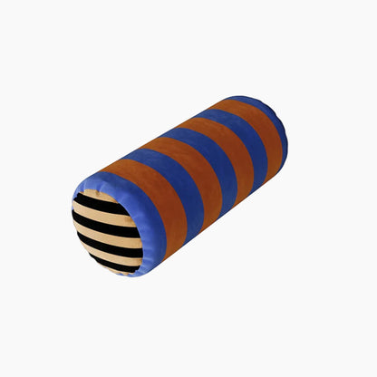Striped cylindrical tube toy with blue, brown, and black pattern on a white background