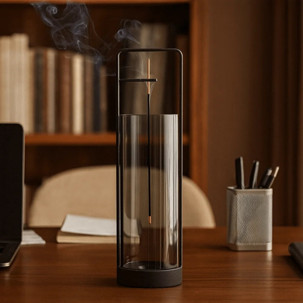 A tall cylindrical incense burner with a black metal frame and clear glass body, shown on a wooden desk in a warm indoor setting with a blurred bookshelf and pen holder in the background.