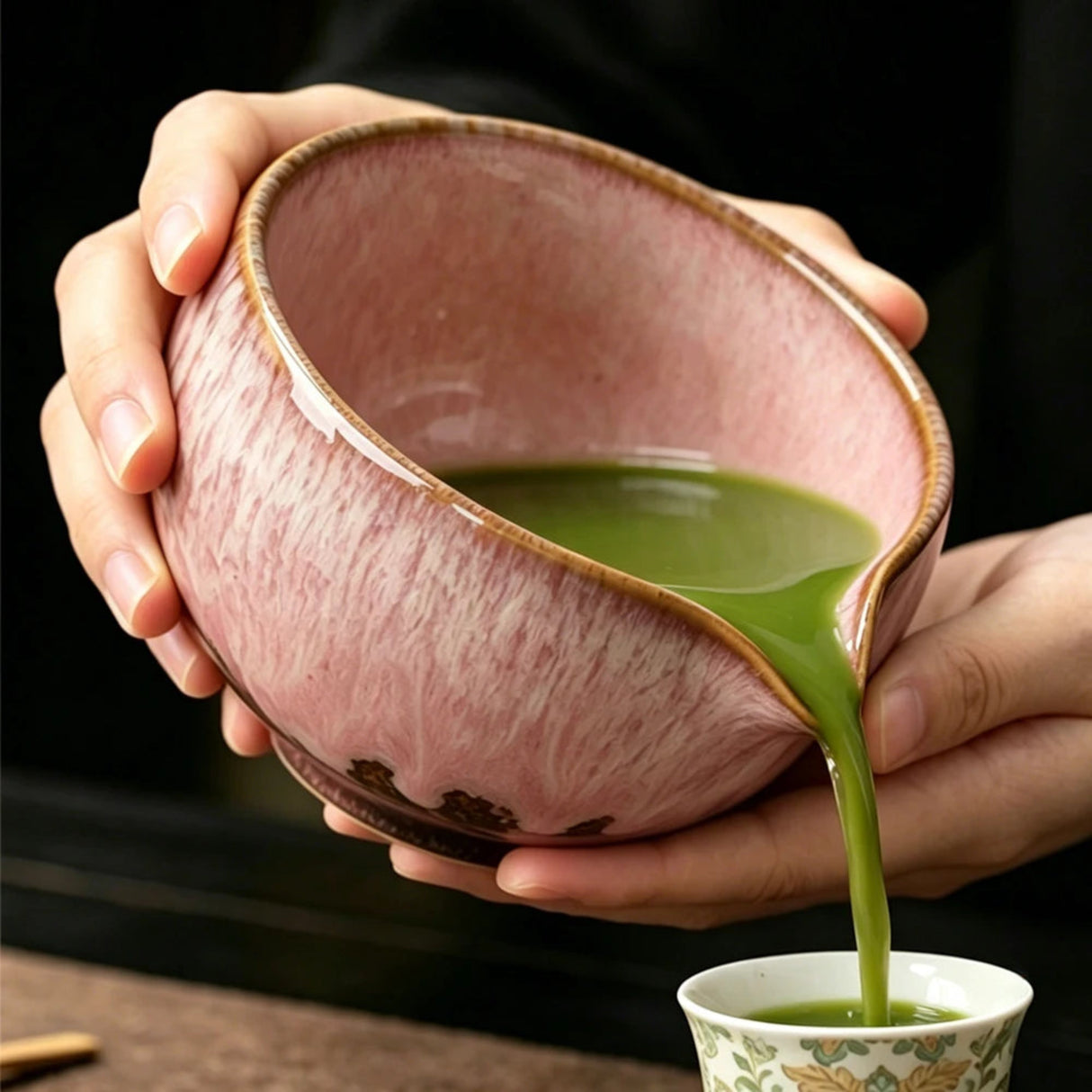 Ceramic bowl being filled with green tea into a smaller cup.