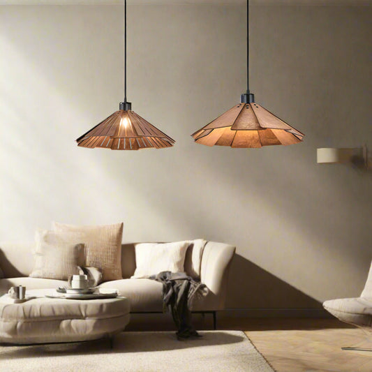 Two pendant lights hanging in a living room 