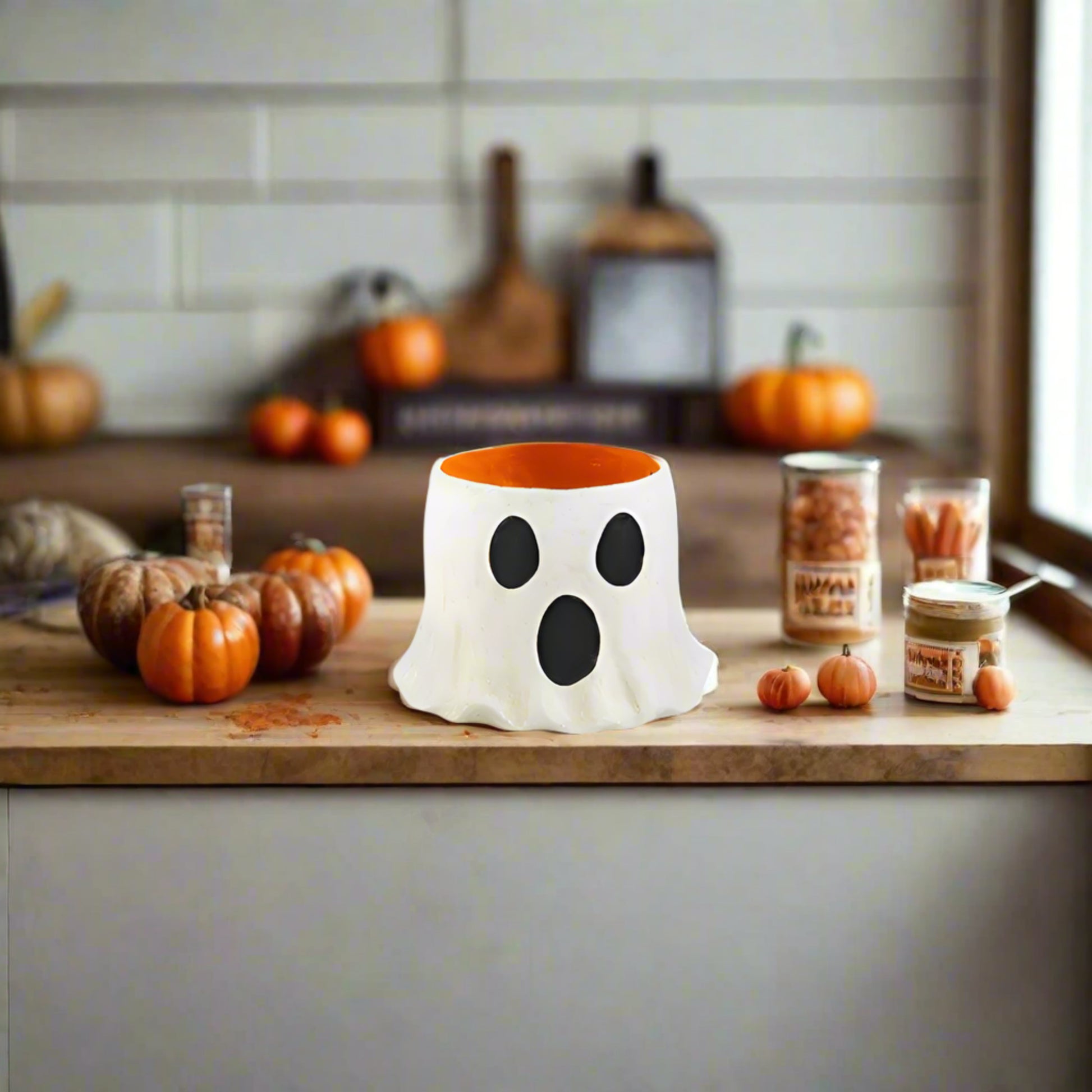 Halloween-themed candy bucket with ghost face design on a white background