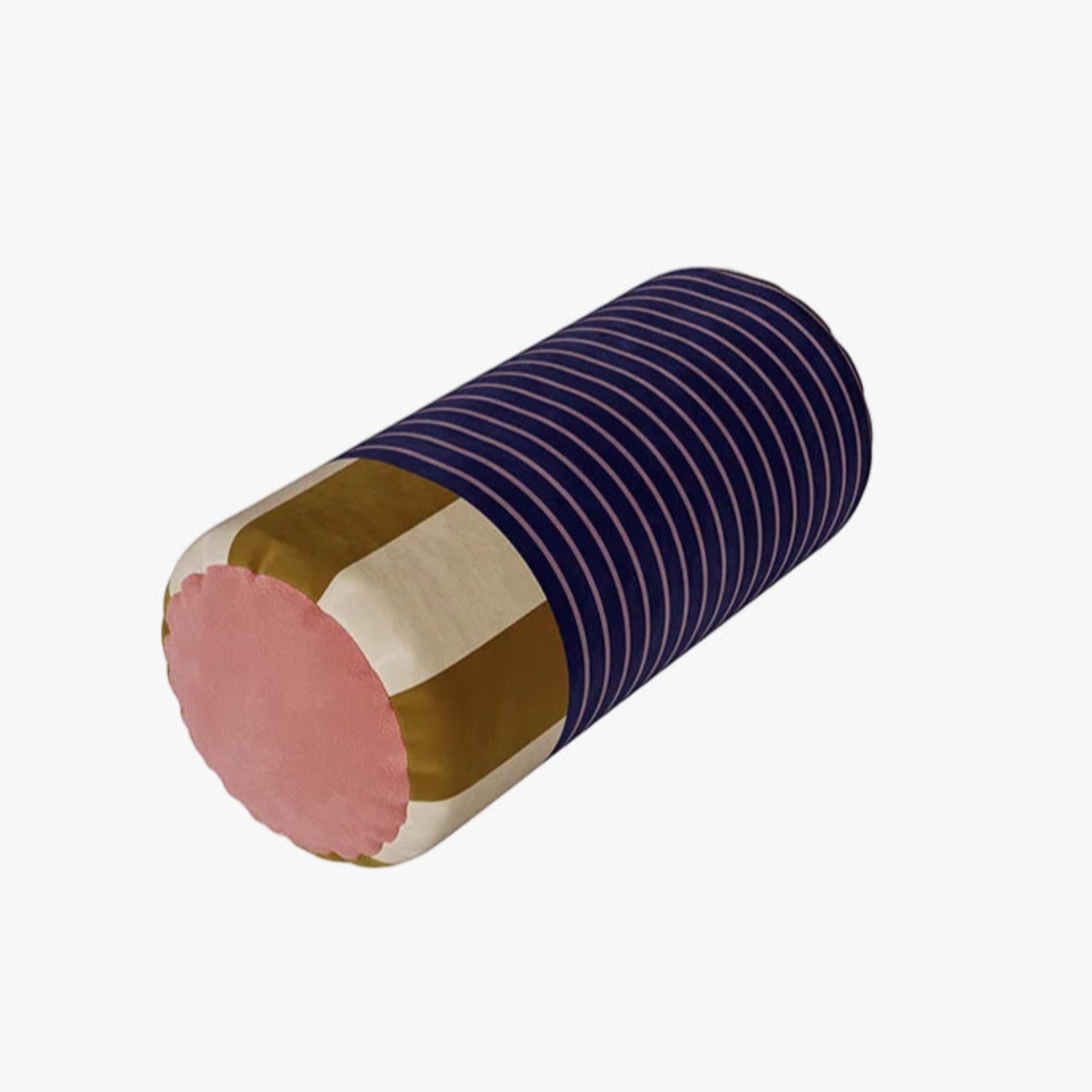 Cylindrical pillow with striped pattern on a white background