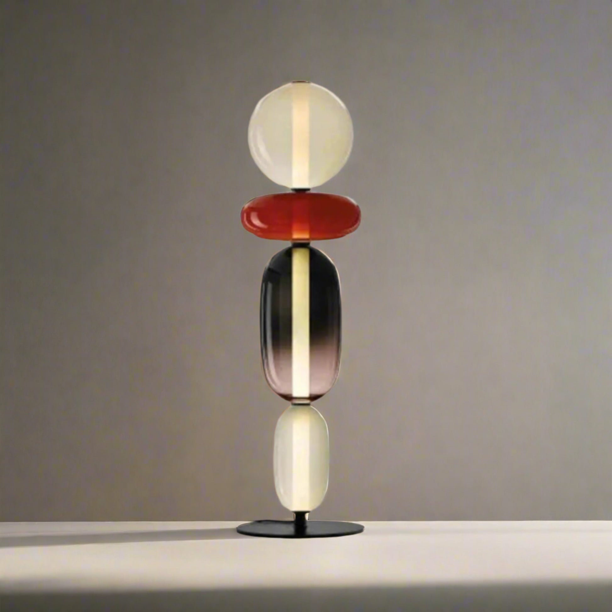 Table lamp with multicolored design and dimensions on a white background

