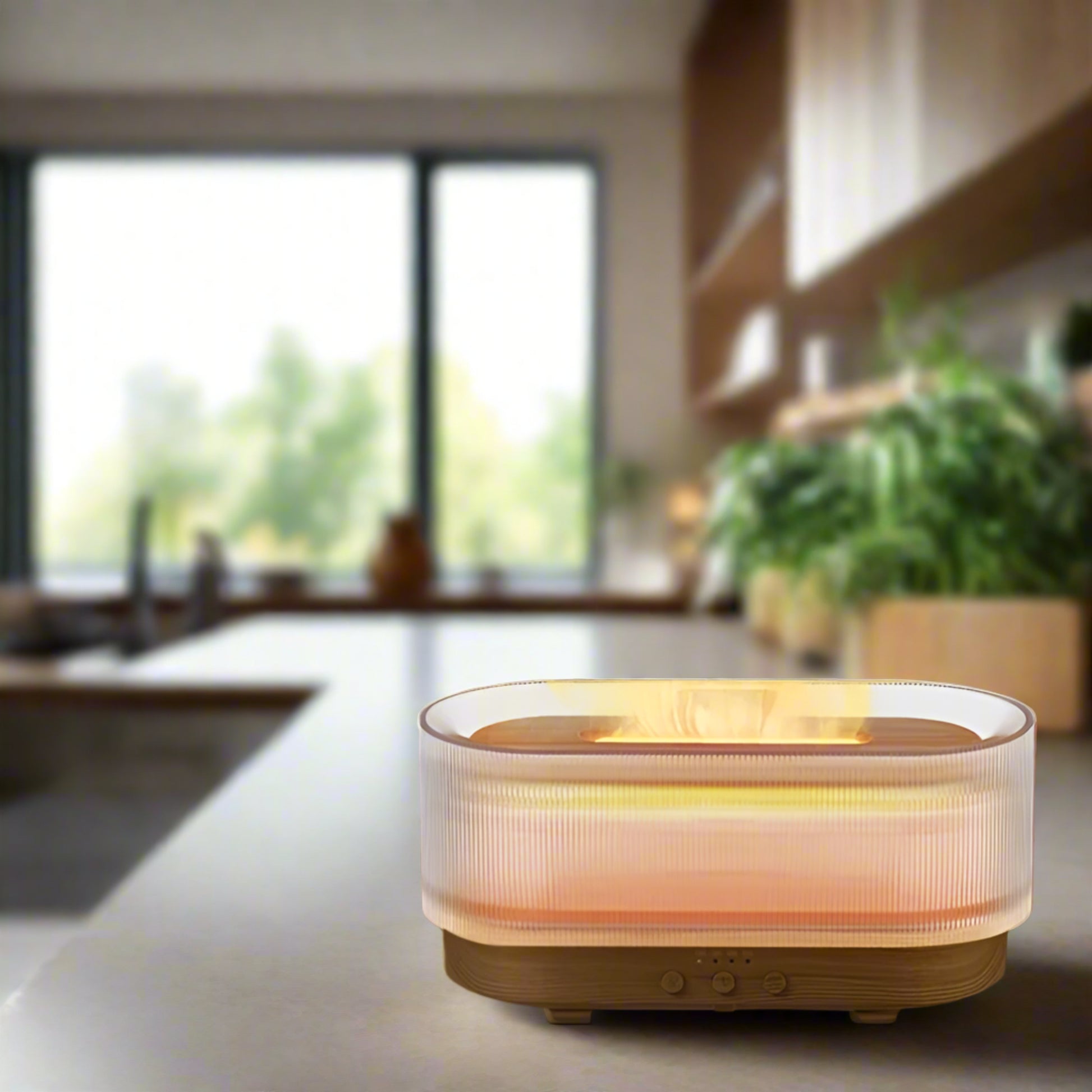 Fogging device with flame effect and timer on a dark background
