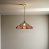 Wooden pendant lamp with dimensions on a gray background