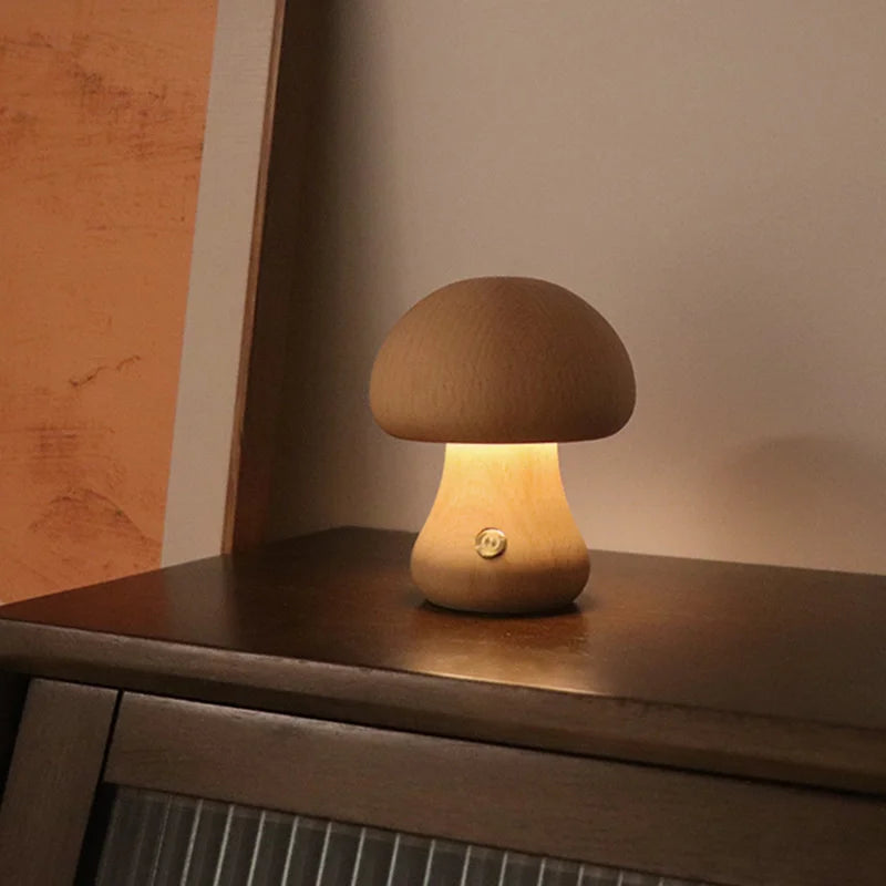 Charming LED Mushroom Night Light – Touch Sensor Wood Bedside Lamp perfect for cozy spaces and children's rooms.