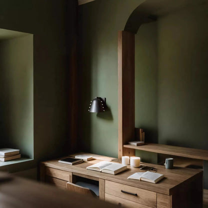 Wooden desk with books and a lamp in a dimly lit room with green walls.