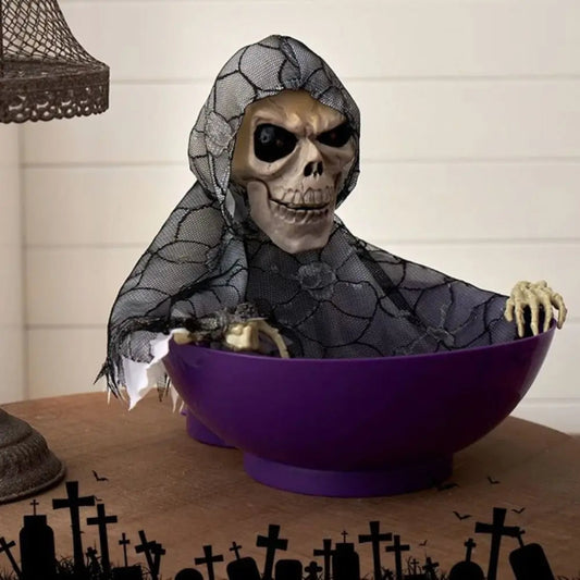 Skeleton figure in a purple bowl with a bowl