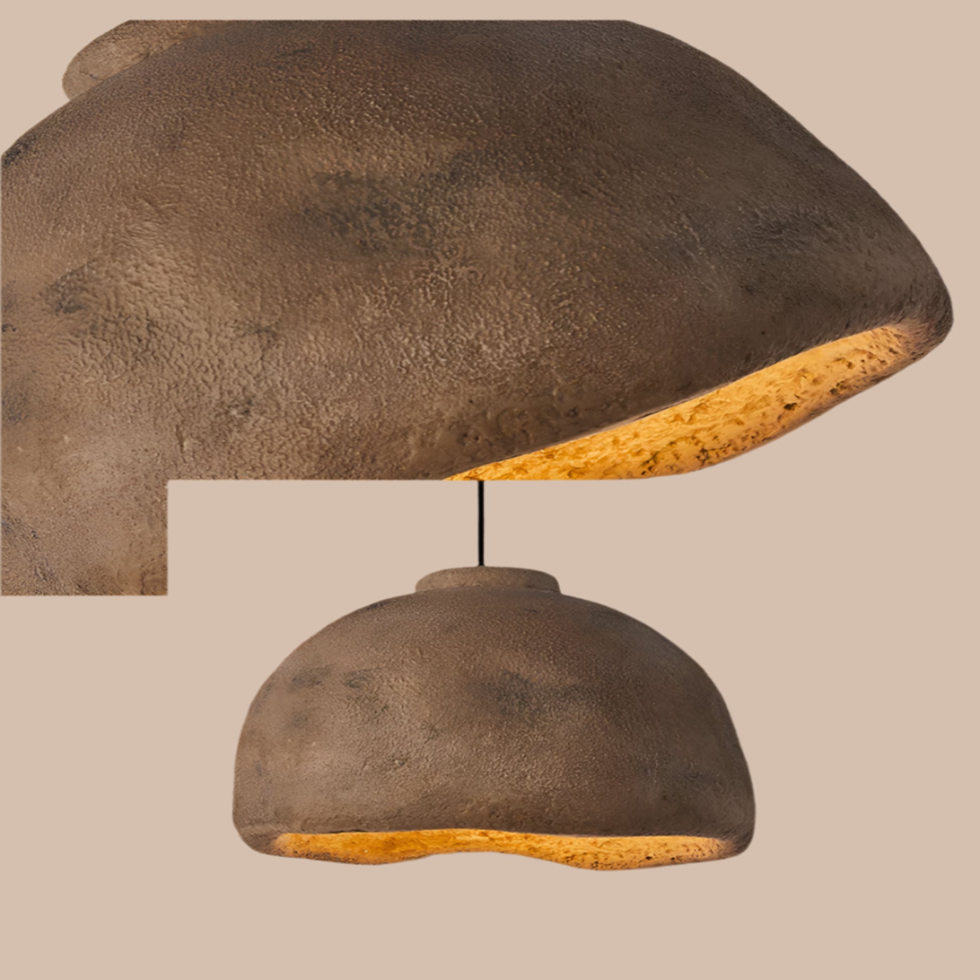 Textured brown pendant light with a soft glow on a neutral background