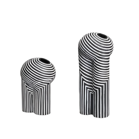 Two black and white striped vases  on a white background