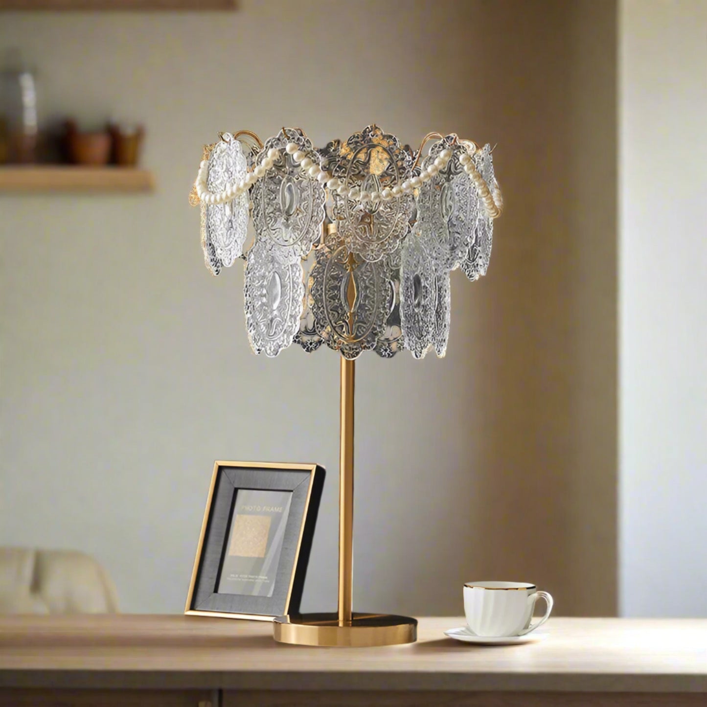 Decorative table lamp with lace shade on a dark wall background