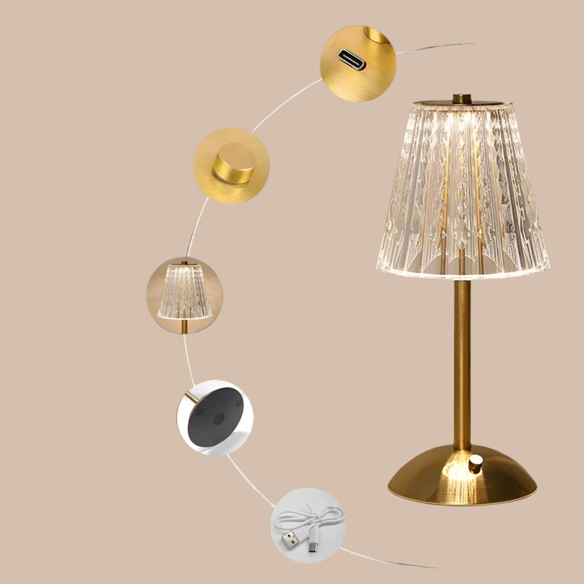 Gold table lamp with crystal shade, featuring labeled features.

