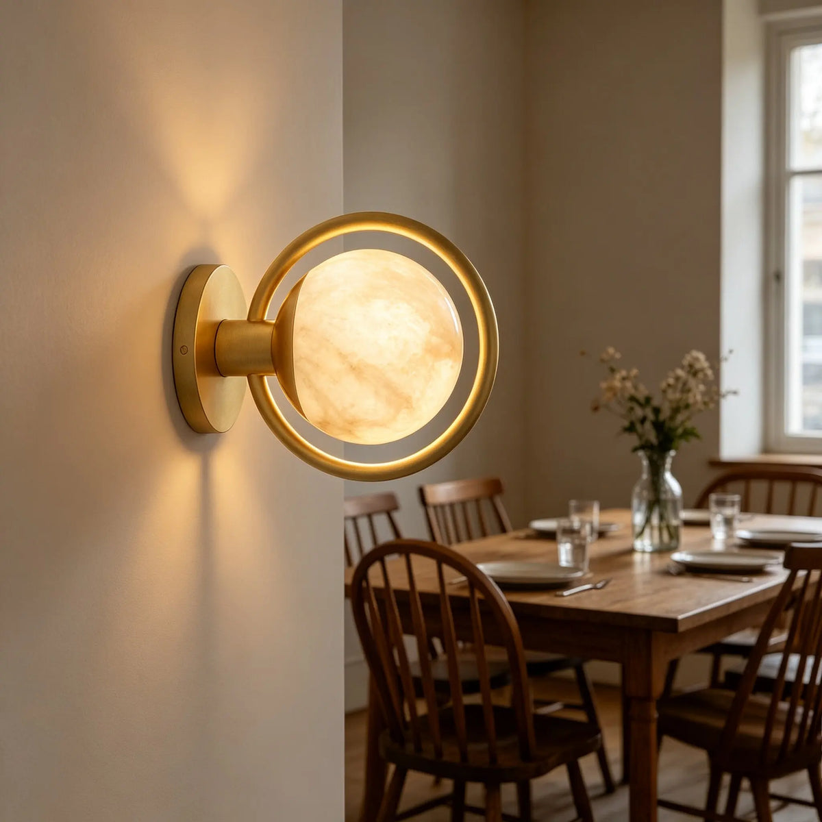 A modern wall-mounted light fixture with a circular gold-toned frame and a glowing warm white marble-look bulb, installed on a beige wall in a dining room with a wooden table and chairs.