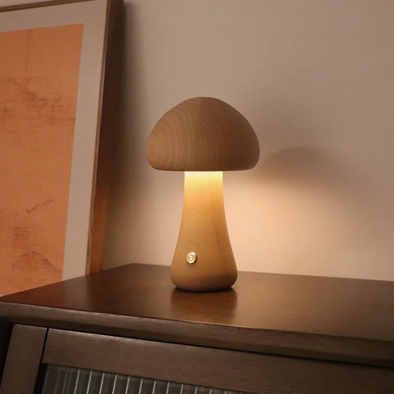 Charming LED Mushroom Night Light – Touch Sensor Wood Bedside Lamp brightens cozy spaces with its delightful design.