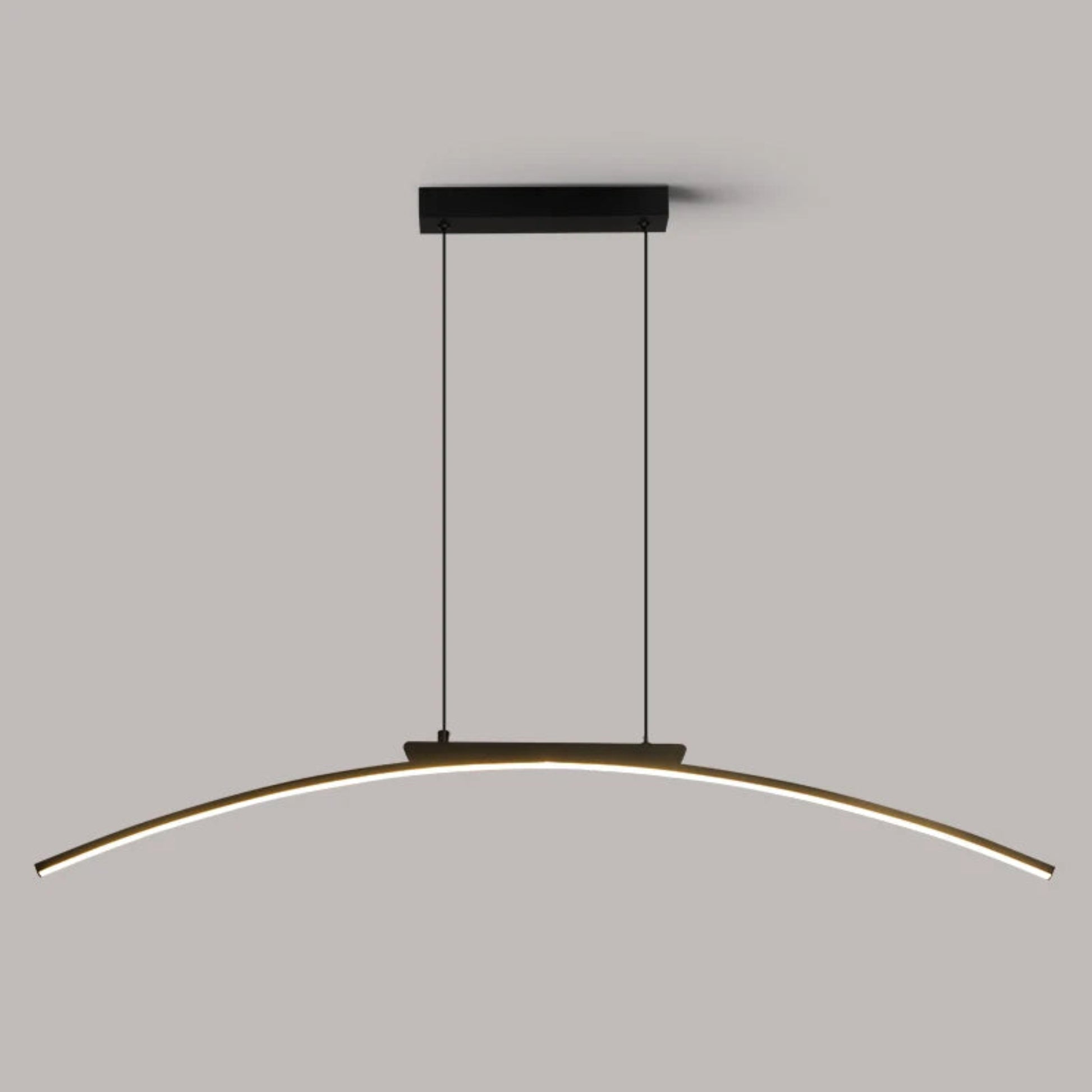Modern pendant light with curved design on a gray background