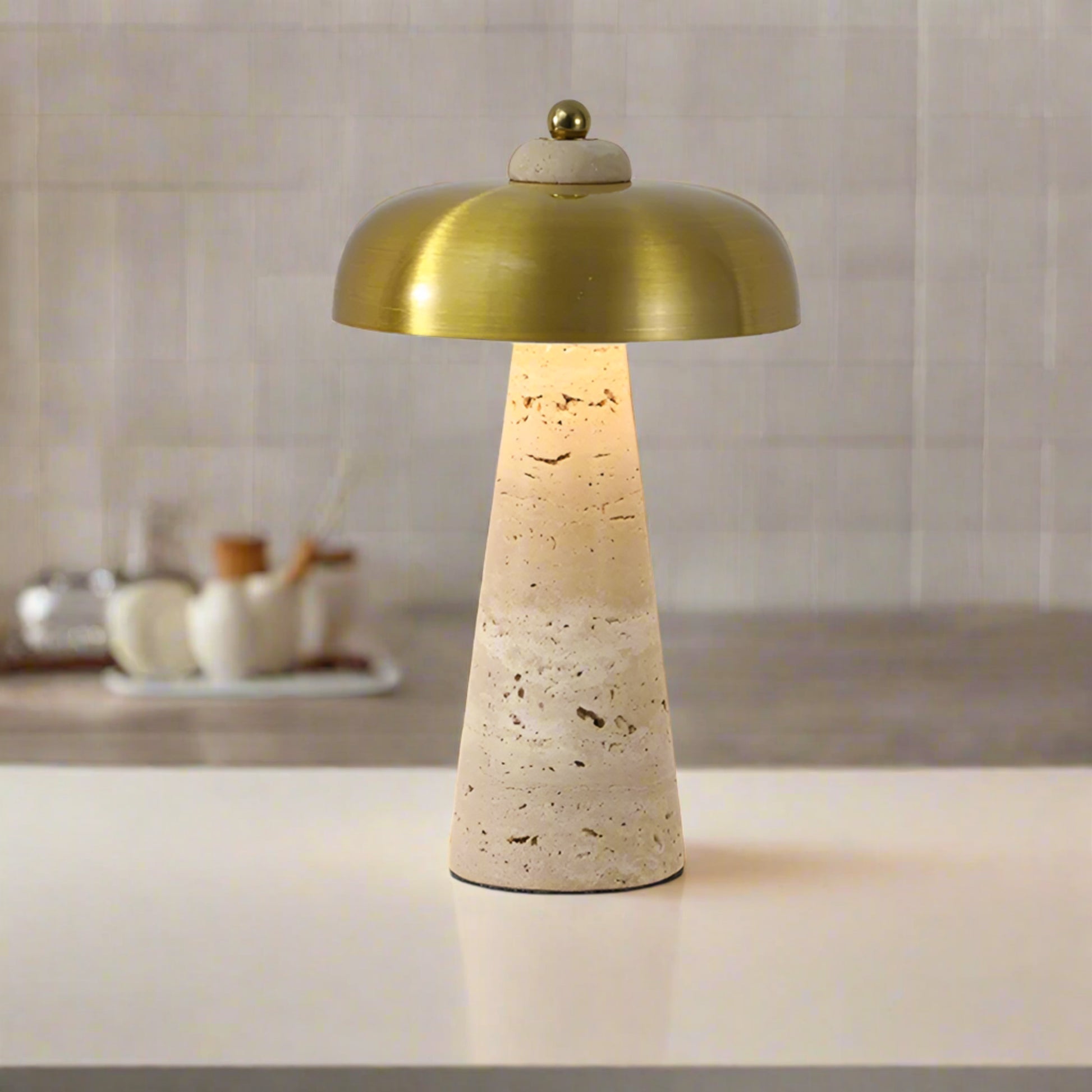 Table lamp with gold shade and beige base, dimensions displayed