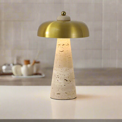 Table lamp with gold shade and beige base, dimensions displayed