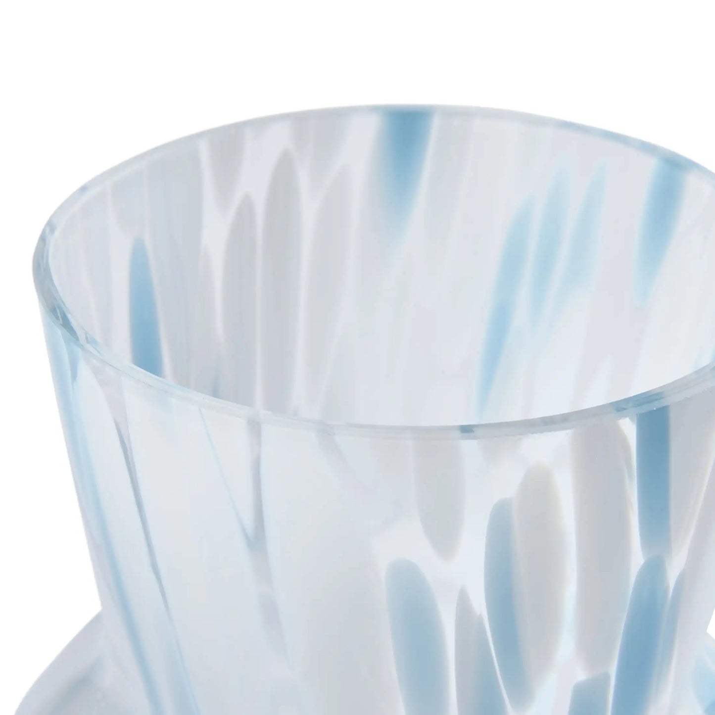Clear plastic cup with blue tint on a white background