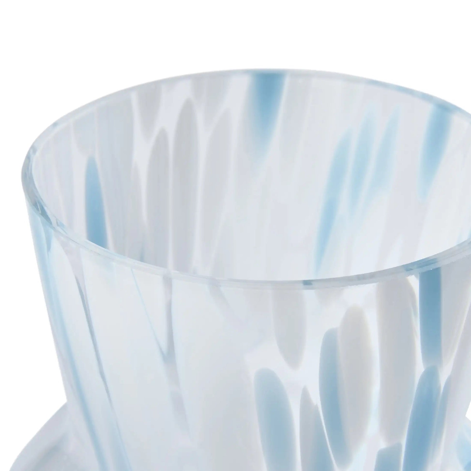 Clear plastic cup with blue tint on a white background