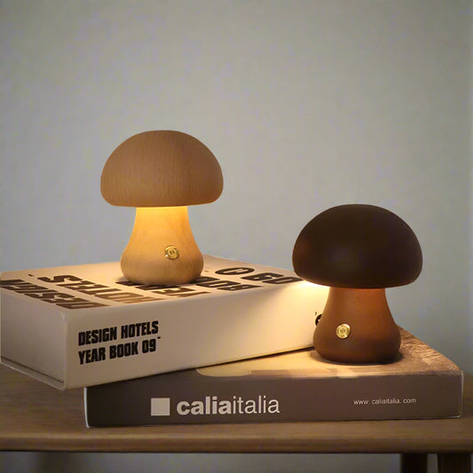 Charming LED Mushroom Night Light – Touch Sensor Wood Bedside Lamp enhances cozy spaces with delightful illumination.
