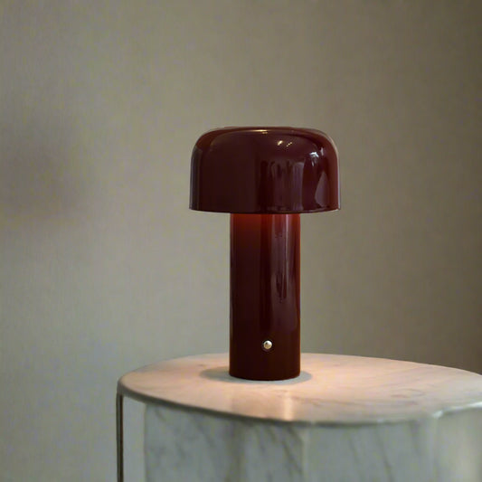 Mushroom table lamp on a wooden surface with books and a framed picture in the background