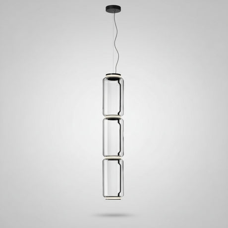 Modern pendant light with cylindrical design on a white background